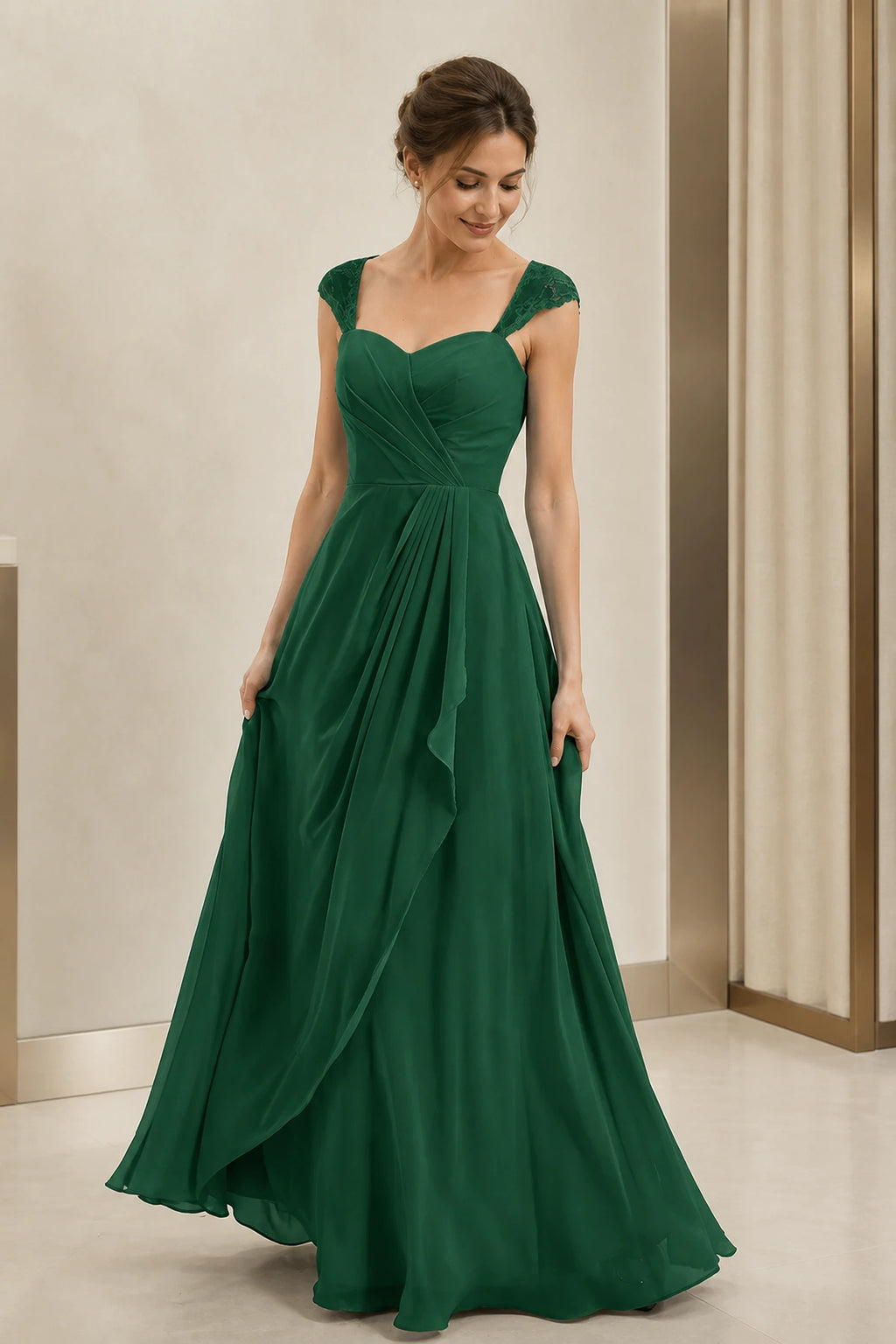 Refined A-Line Sweetheart Lace Cap Sleeve Keyhole Back Long Wedding Guest Dress