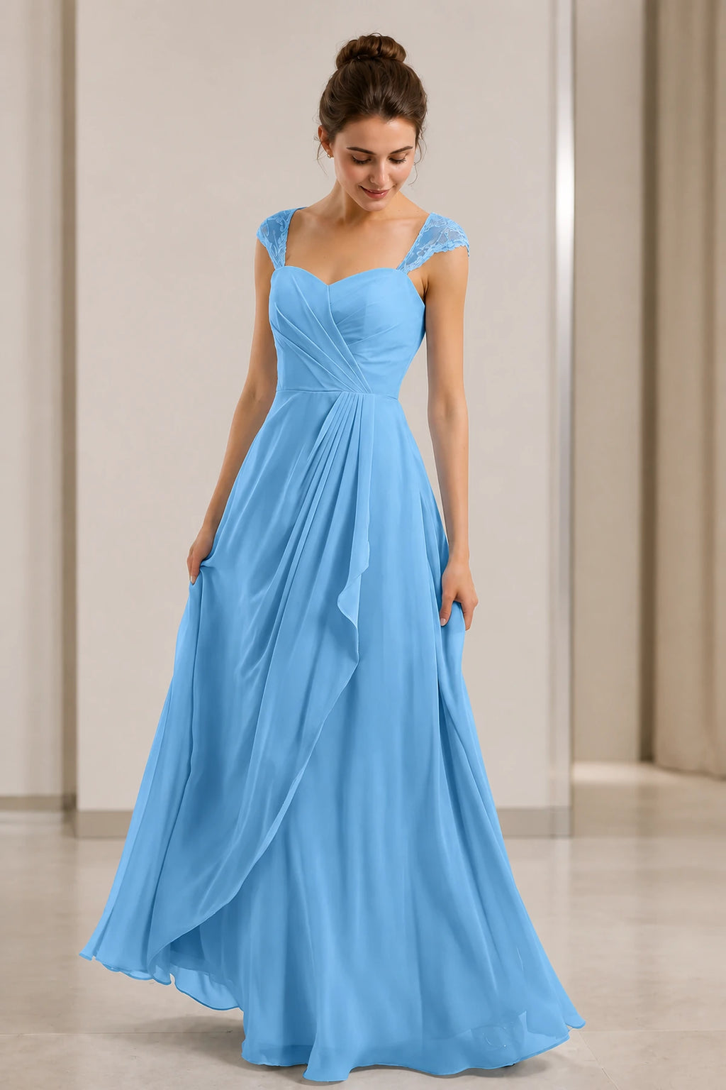 Refined A-Line Sweetheart Lace Cap Sleeve Keyhole Back Long Wedding Guest Dress