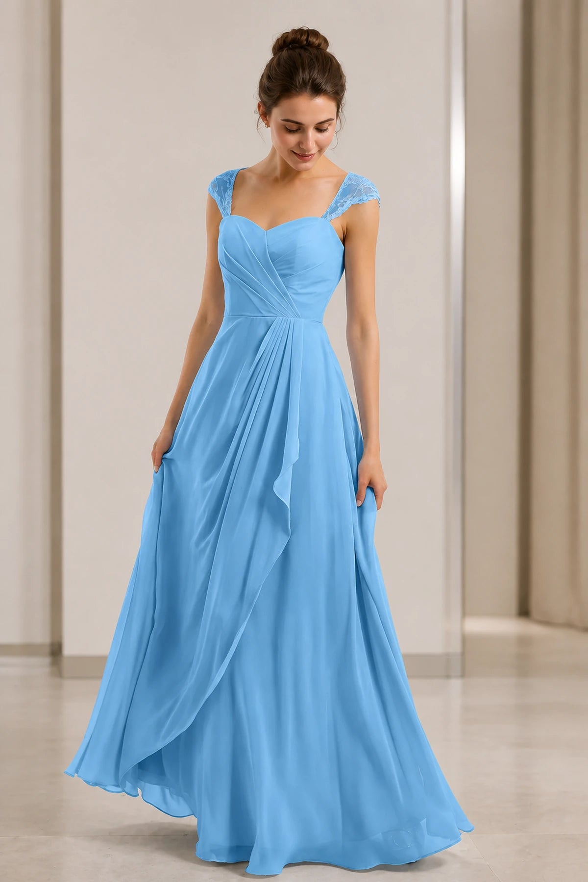 Refined A-Line Sweetheart Lace Cap Sleeve Keyhole Back Long Wedding Guest Dress