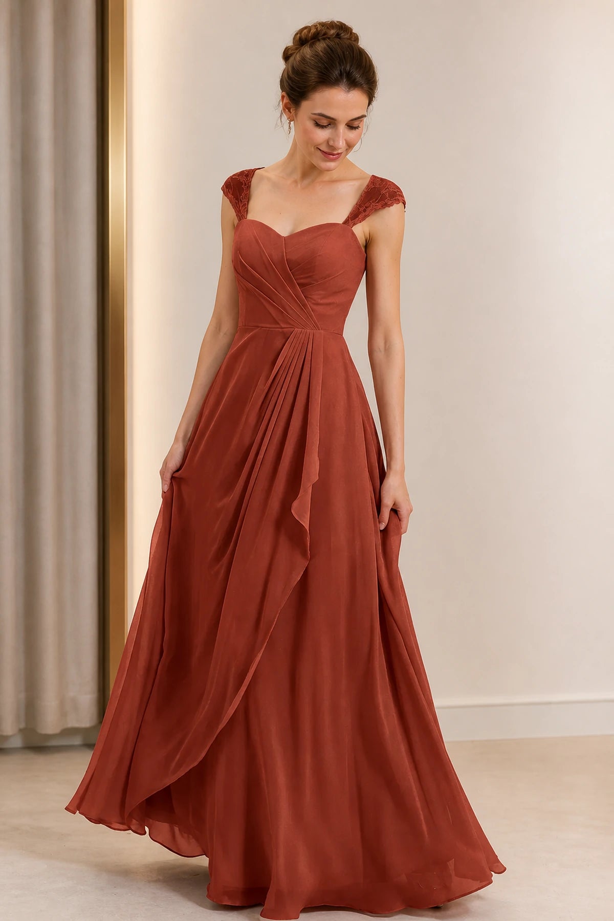 Refined A-Line Sweetheart Lace Cap Sleeve Keyhole Back Long Wedding Guest Dress