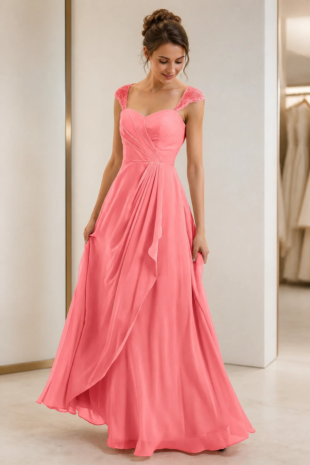 Refined A-Line Sweetheart Lace Cap Sleeve Keyhole Back Long Wedding Guest Dress