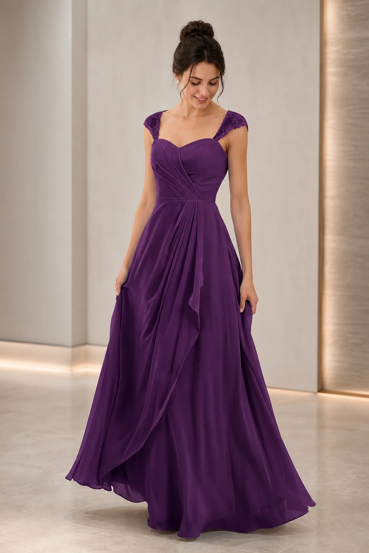 Refined A-Line Sweetheart Lace Cap Sleeve Keyhole Back Long Wedding Guest Dress