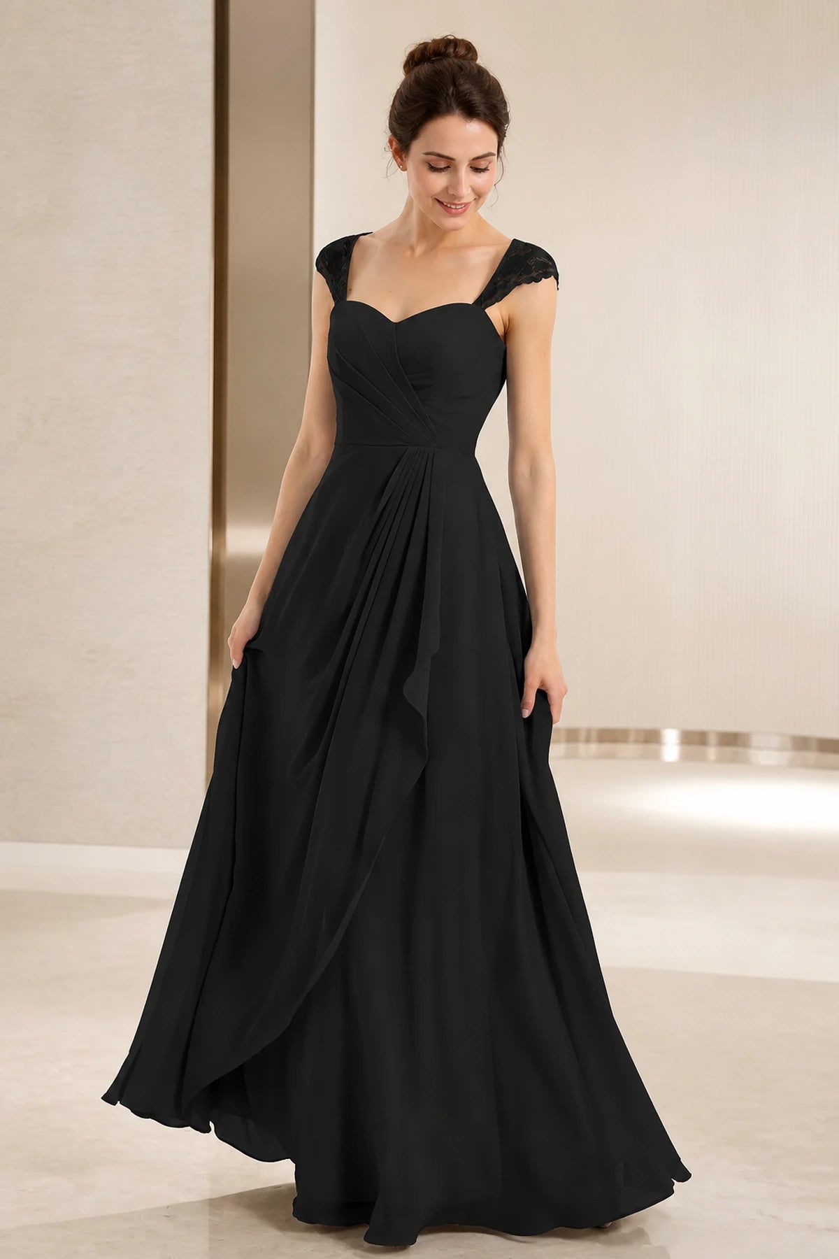 Refined A-Line Sweetheart Lace Cap Sleeve Keyhole Back Long Wedding Guest Dress