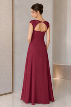 Burgundy A-line wedding guest dress with sweetheart neckline lace cap sleeves and keyhole back by Vedress