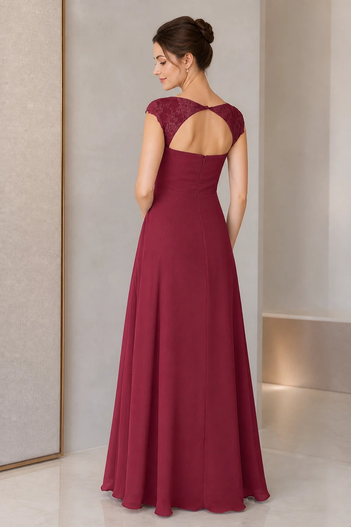 Burgundy A-line wedding guest dress with sweetheart neckline lace cap sleeves and keyhole back by Vedress