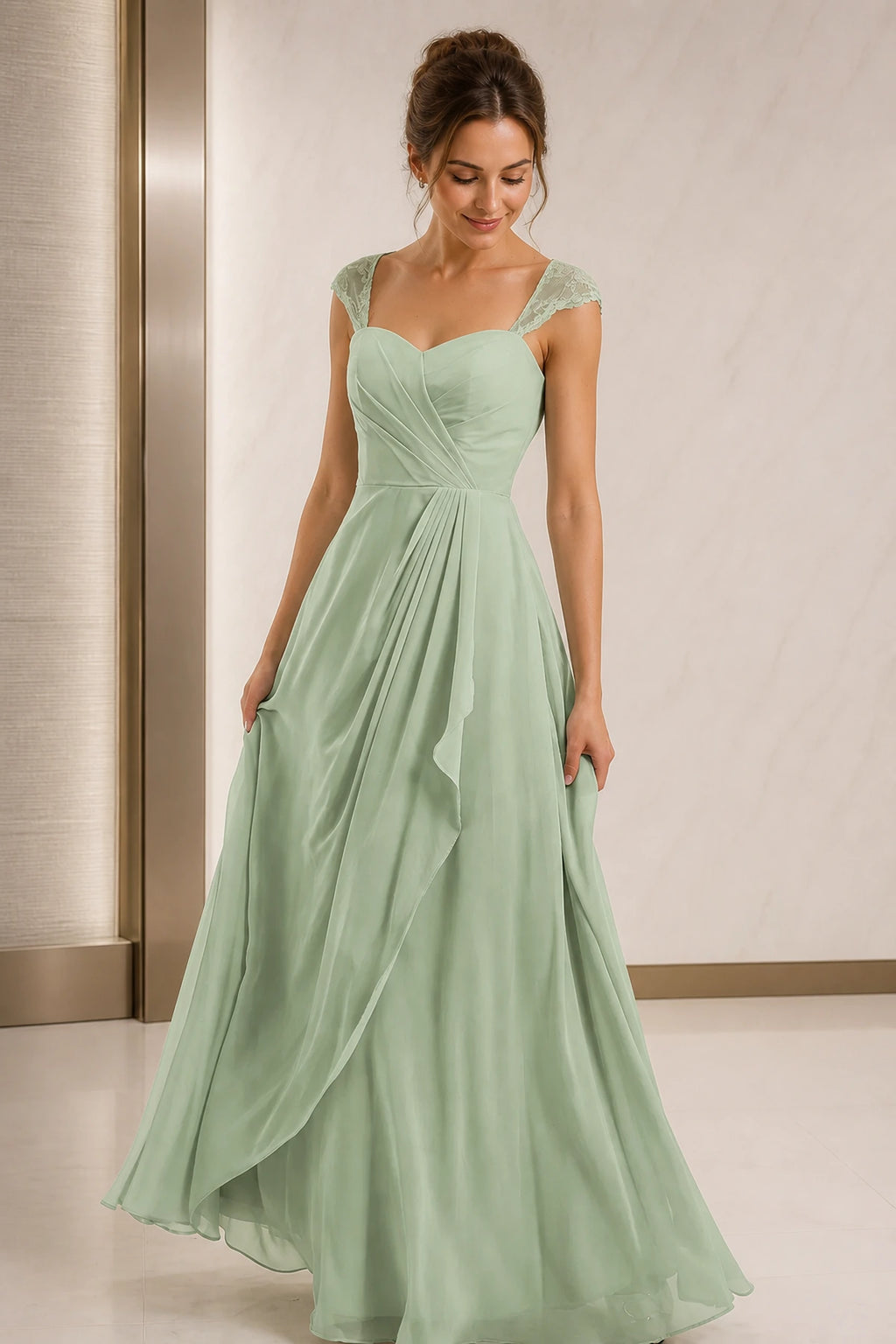 Refined A-Line Sweetheart Lace Cap Sleeve Keyhole Back Long Wedding Guest Dress