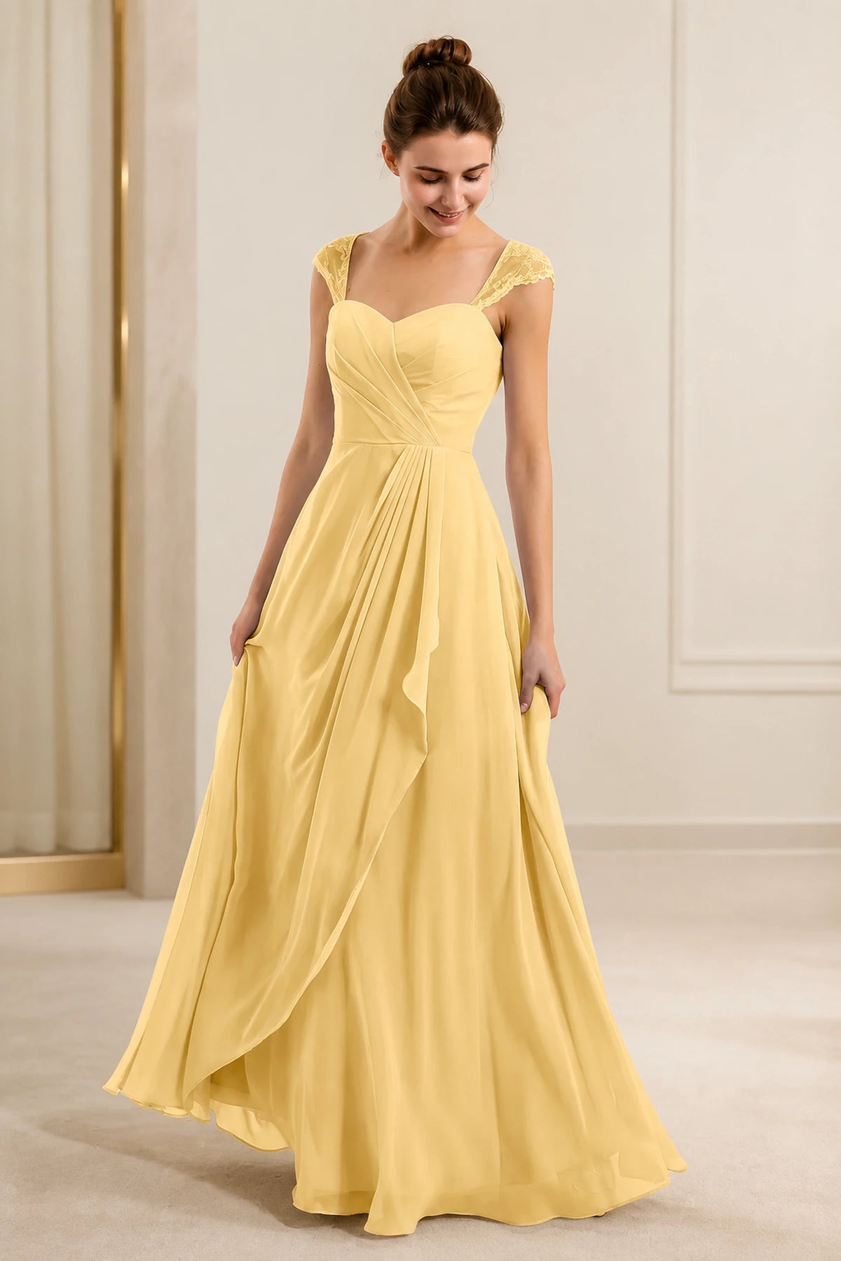 Refined A-Line Sweetheart Lace Cap Sleeve Keyhole Back Long Wedding Guest Dress