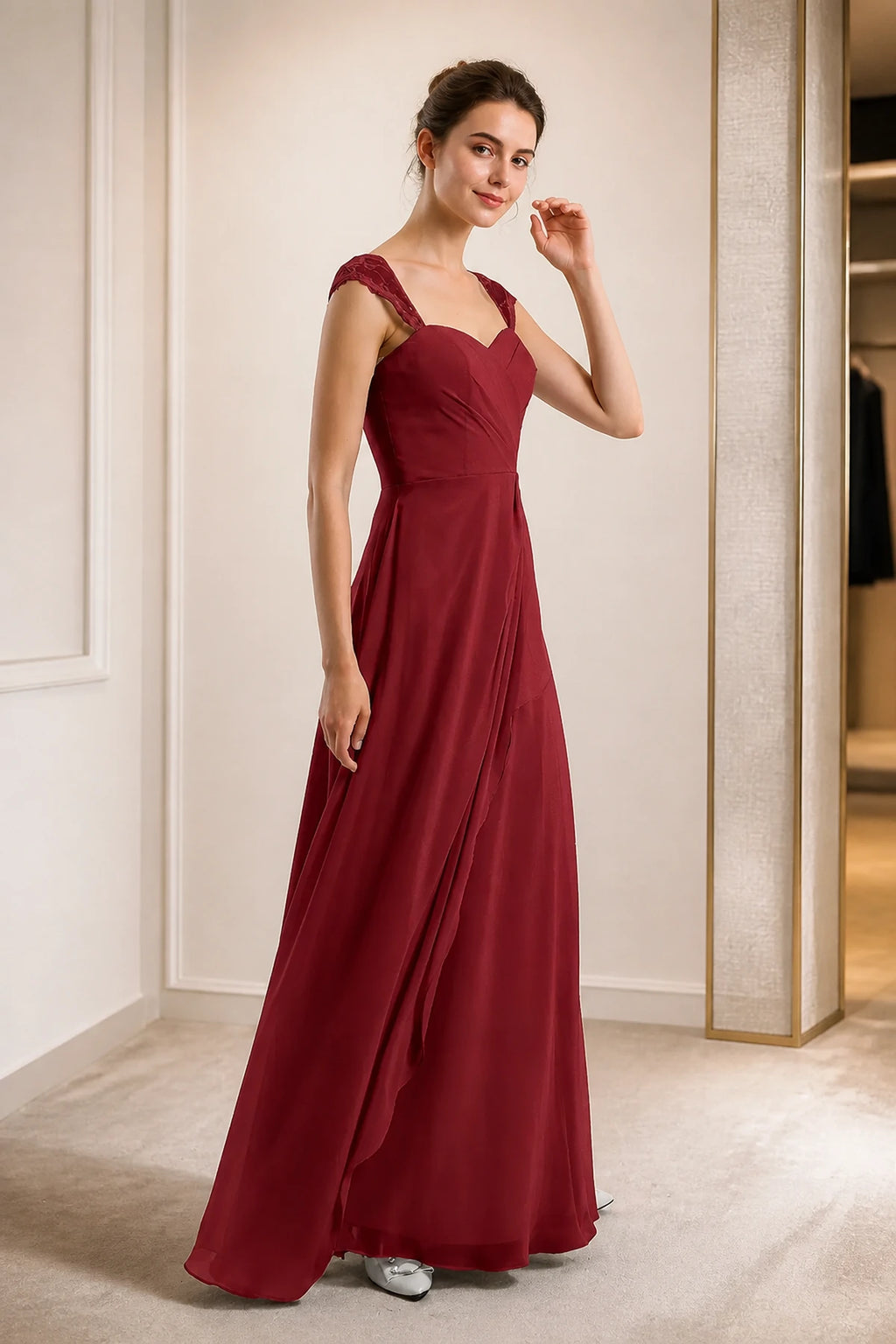 Refined A-Line Sweetheart Lace Cap Sleeve Keyhole Back Long Wedding Guest Dress