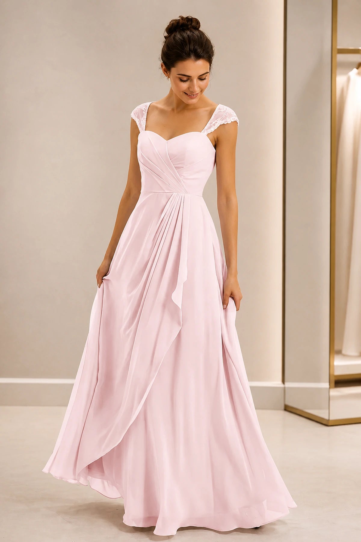 Refined A-Line Sweetheart Lace Cap Sleeve Keyhole Back Long Wedding Guest Dress
