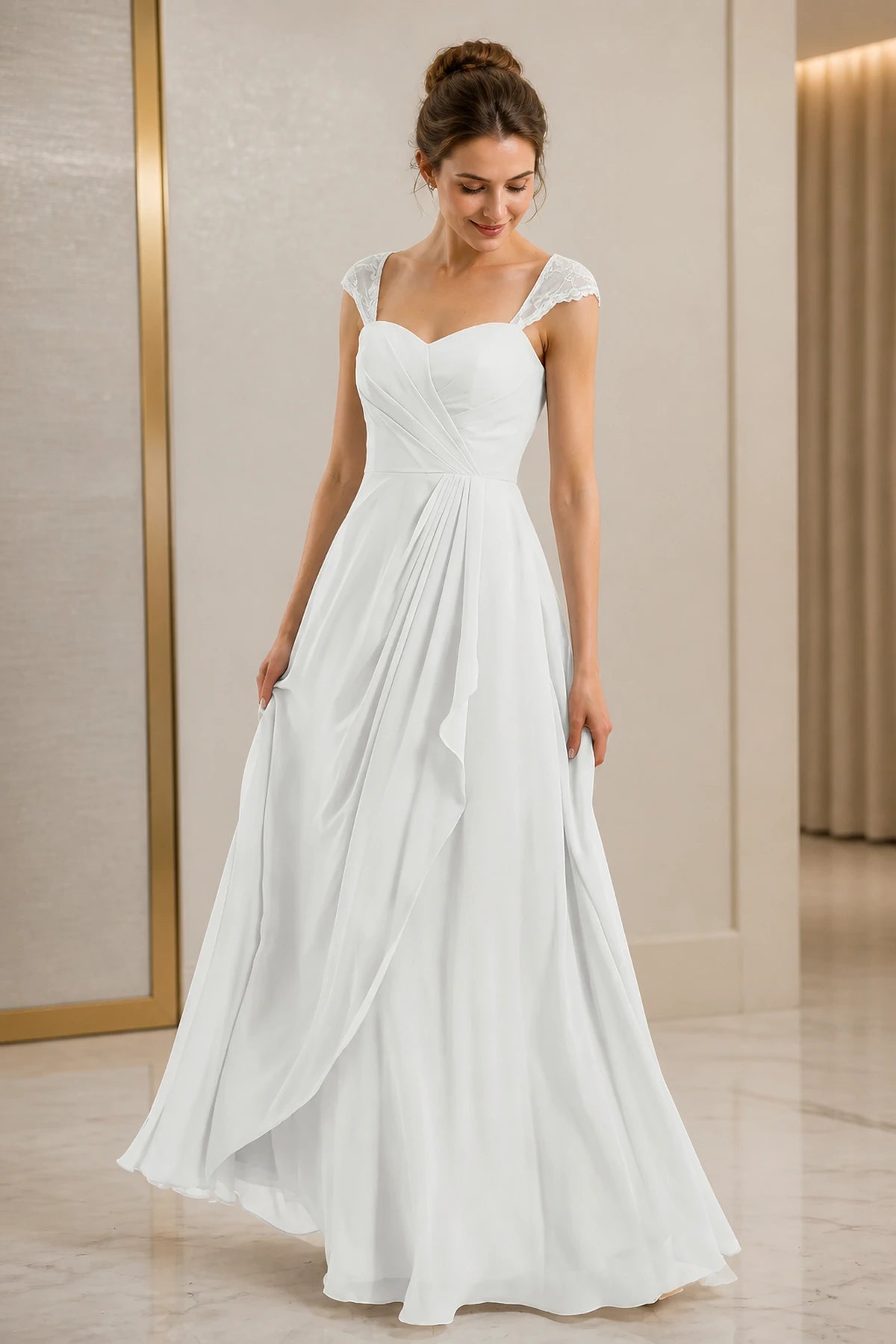 Refined A-Line Sweetheart Lace Cap Sleeve Keyhole Back Long Wedding Guest Dress