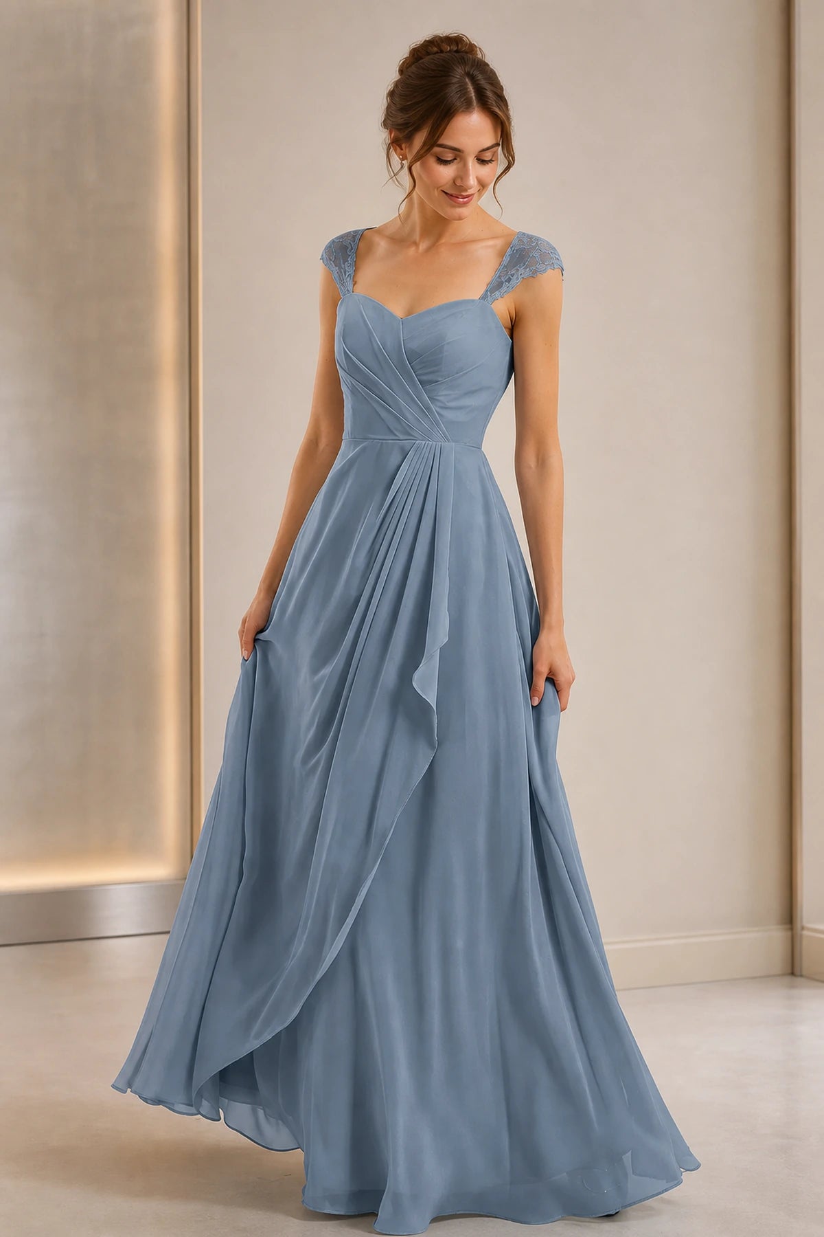 Refined A-Line Sweetheart Lace Cap Sleeve Keyhole Back Long Wedding Guest Dress