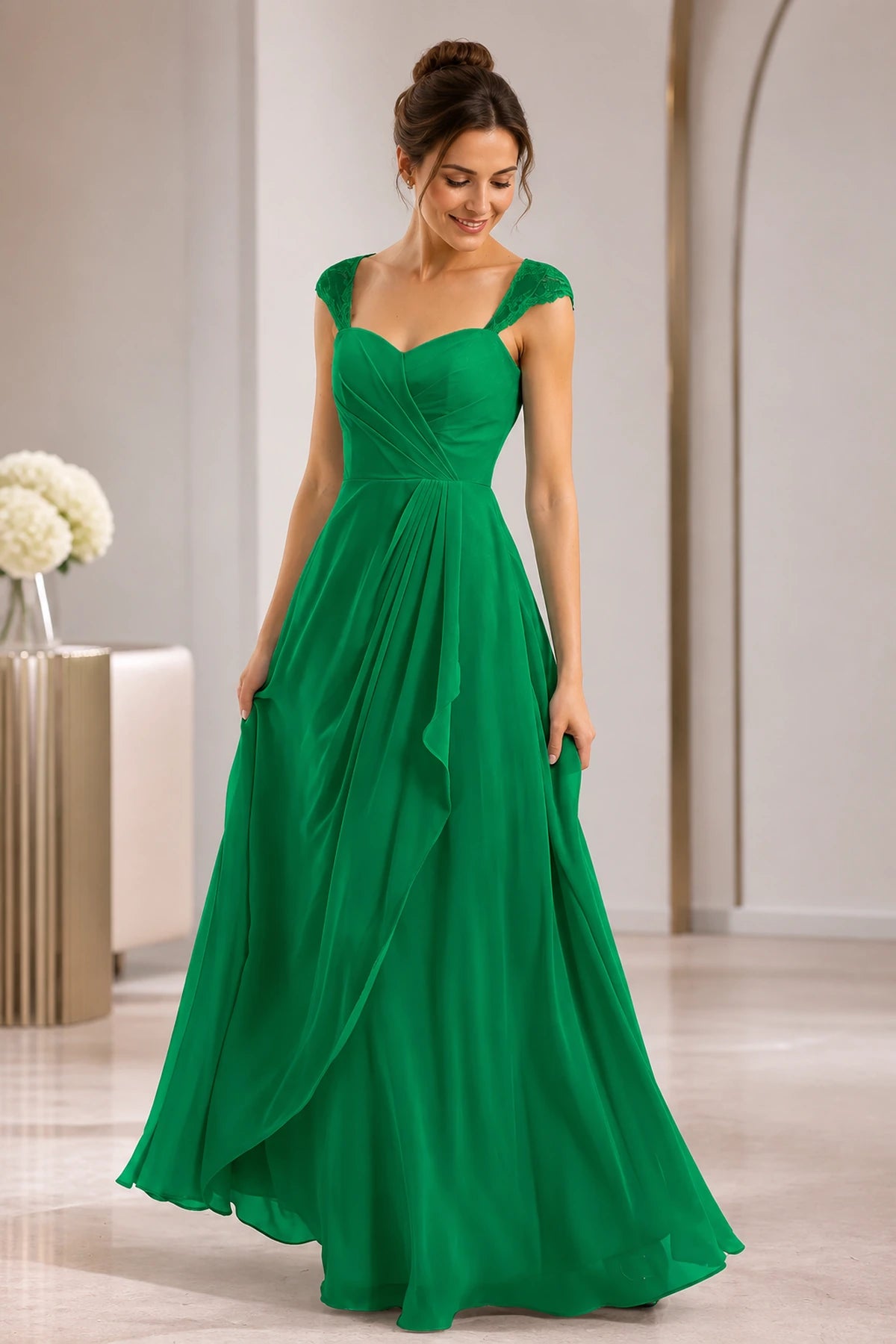 Refined A-Line Sweetheart Lace Cap Sleeve Keyhole Back Long Wedding Guest Dress