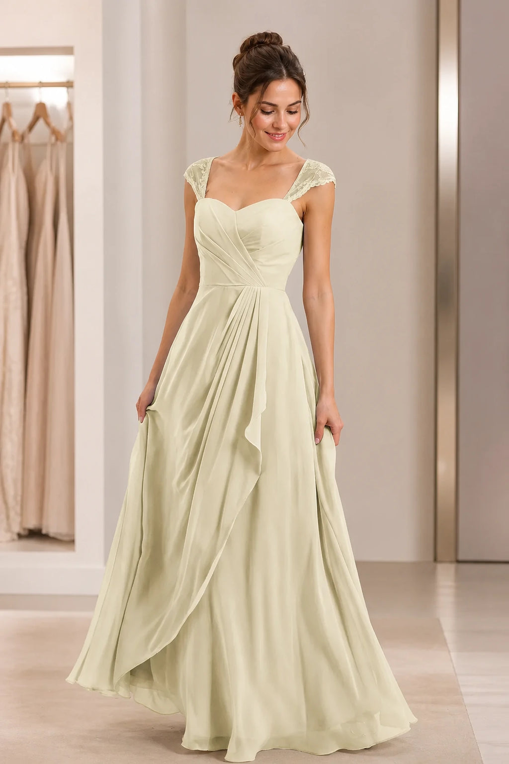 Refined A-Line Sweetheart Lace Cap Sleeve Keyhole Back Long Wedding Guest Dress
