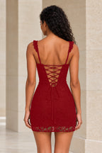 Burgundy lace mini homecoming dress with open lace-up corset back by Graceprom