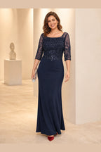 Radiant Mermaid Bateau 3/4 Sleeve Keyhole Back Long Mother of Bride Dress