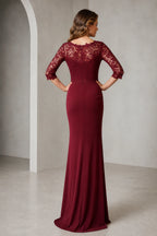 Back view of Vedress burgundy mother of the bride dress with sheer lace back, three quarter sleeves, center back zipper and long mermaid silhouette