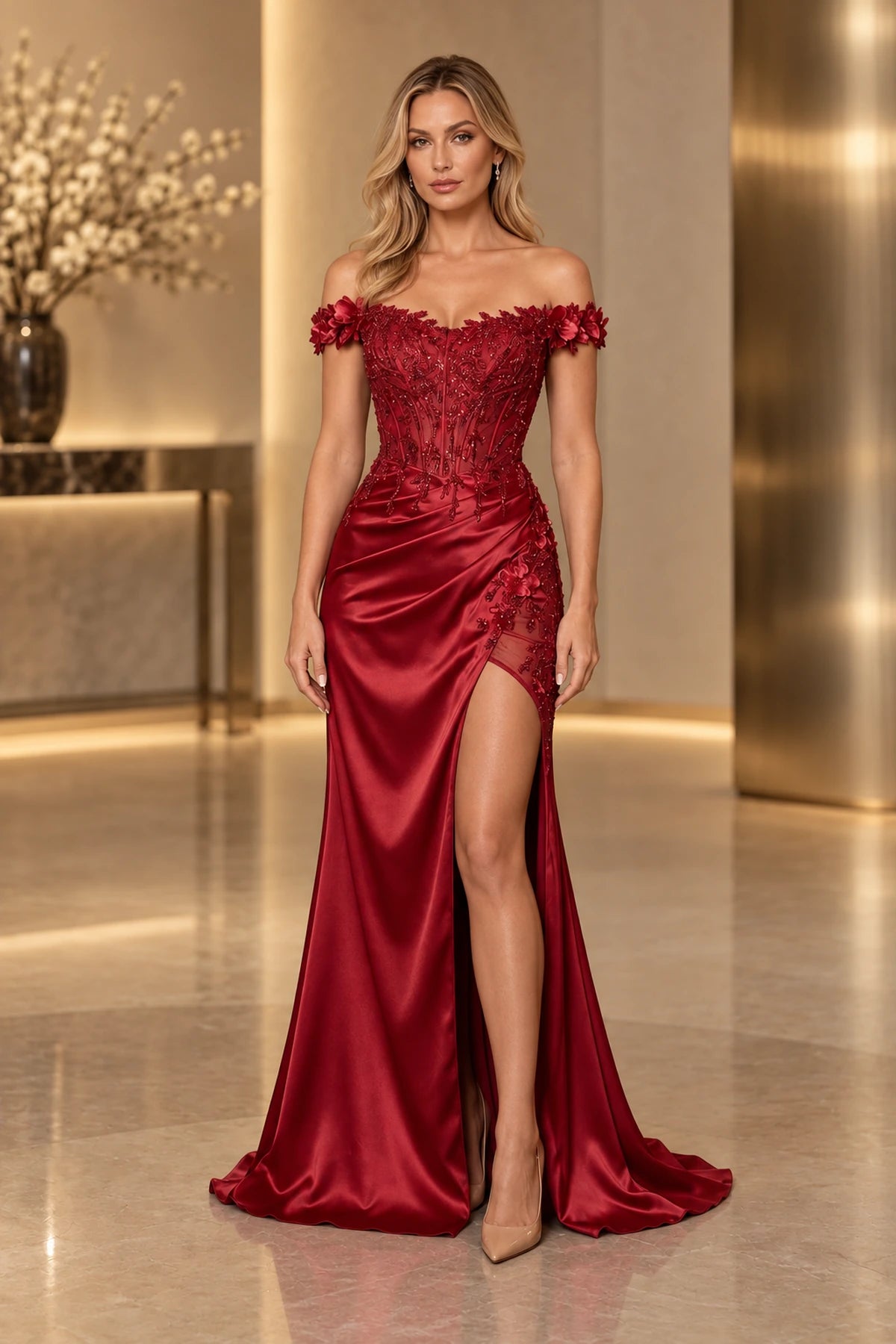 Back view of burgundy mermaid prom dress featuring floral cap sleeves, crisscross lace-up corset back, floral appliques, fitted satin-look skirt, and sweeping hem.