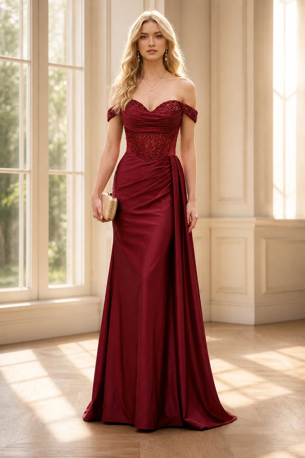 Burgundy wedding guest dress with sweetheart neckline, off-shoulder embellished straps, corset bodice, ruched waist and mermaid skirt