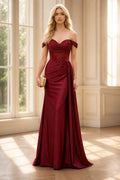 Burgundy wedding guest dress with sweetheart neckline, off-shoulder embellished straps, corset bodice, ruched waist and mermaid skirt