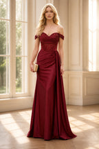 Burgundy wedding guest dress with sweetheart neckline, off-shoulder embellished straps, corset bodice, ruched waist and mermaid skirt