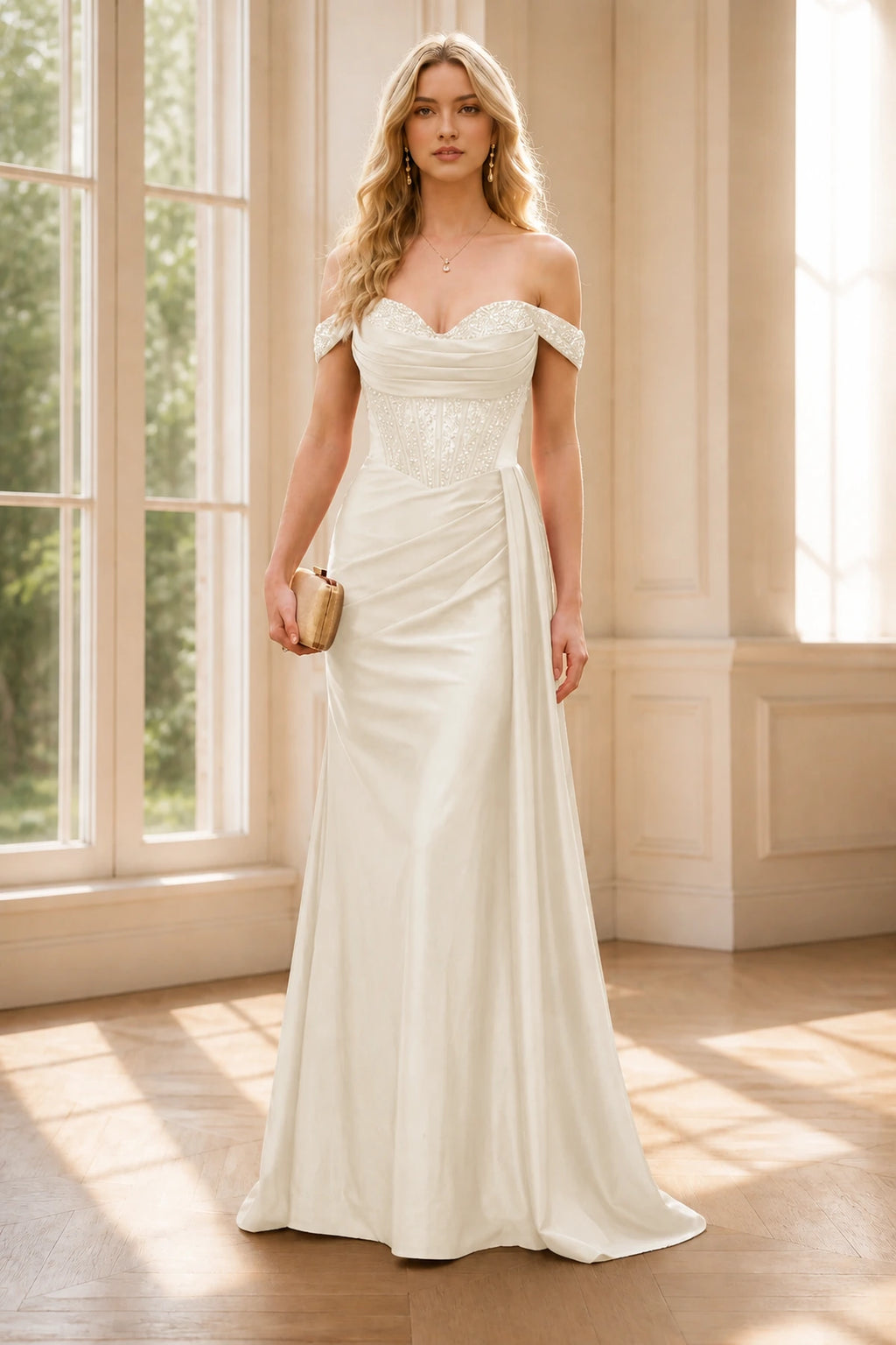 Sophisticated Mermaid Sweetheart Off-Shoulder Lace-Up Back Floor-Length Wedding Guest Dress