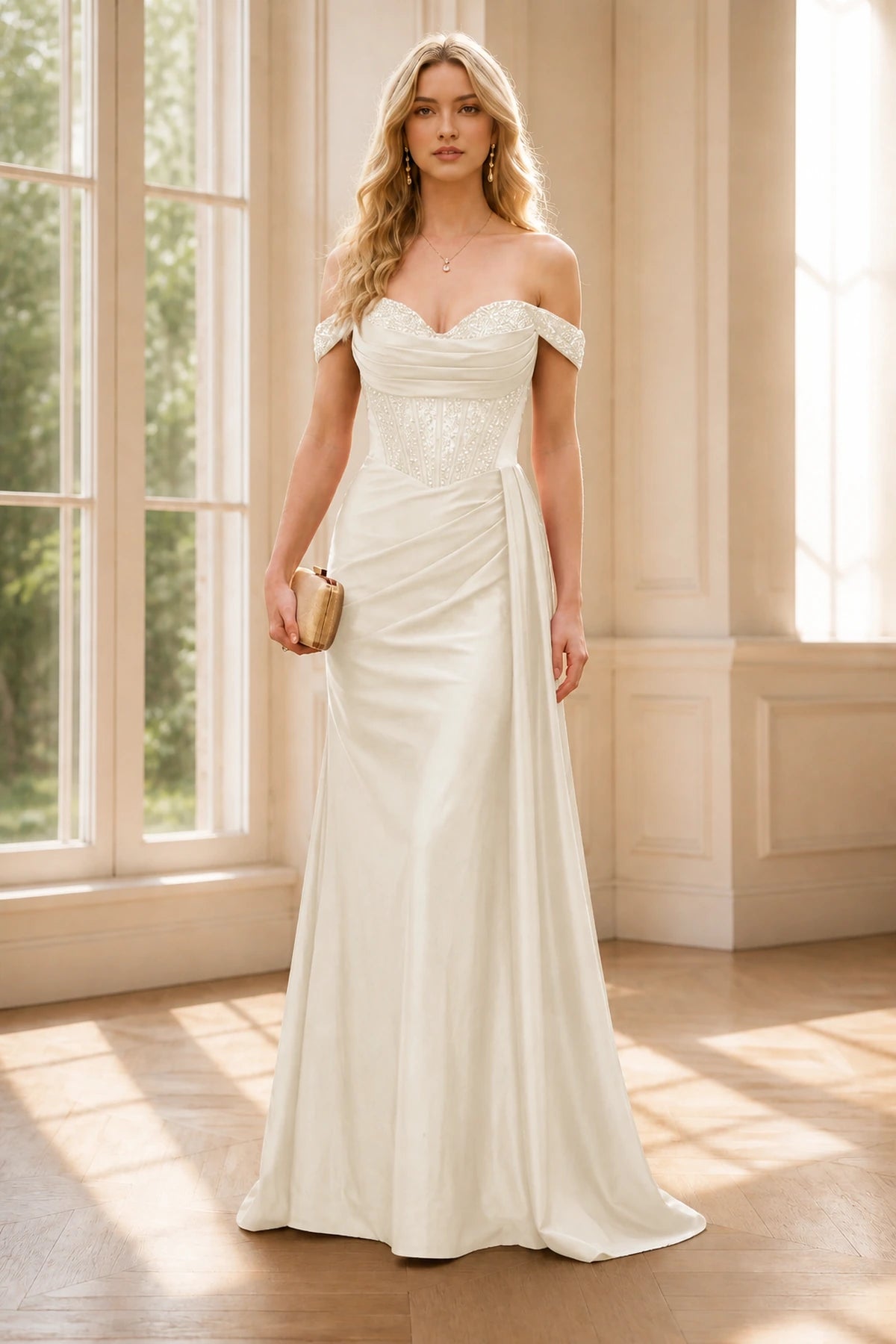 Sophisticated Mermaid Sweetheart Off-Shoulder Lace-Up Back Floor-Length Wedding Guest Dress