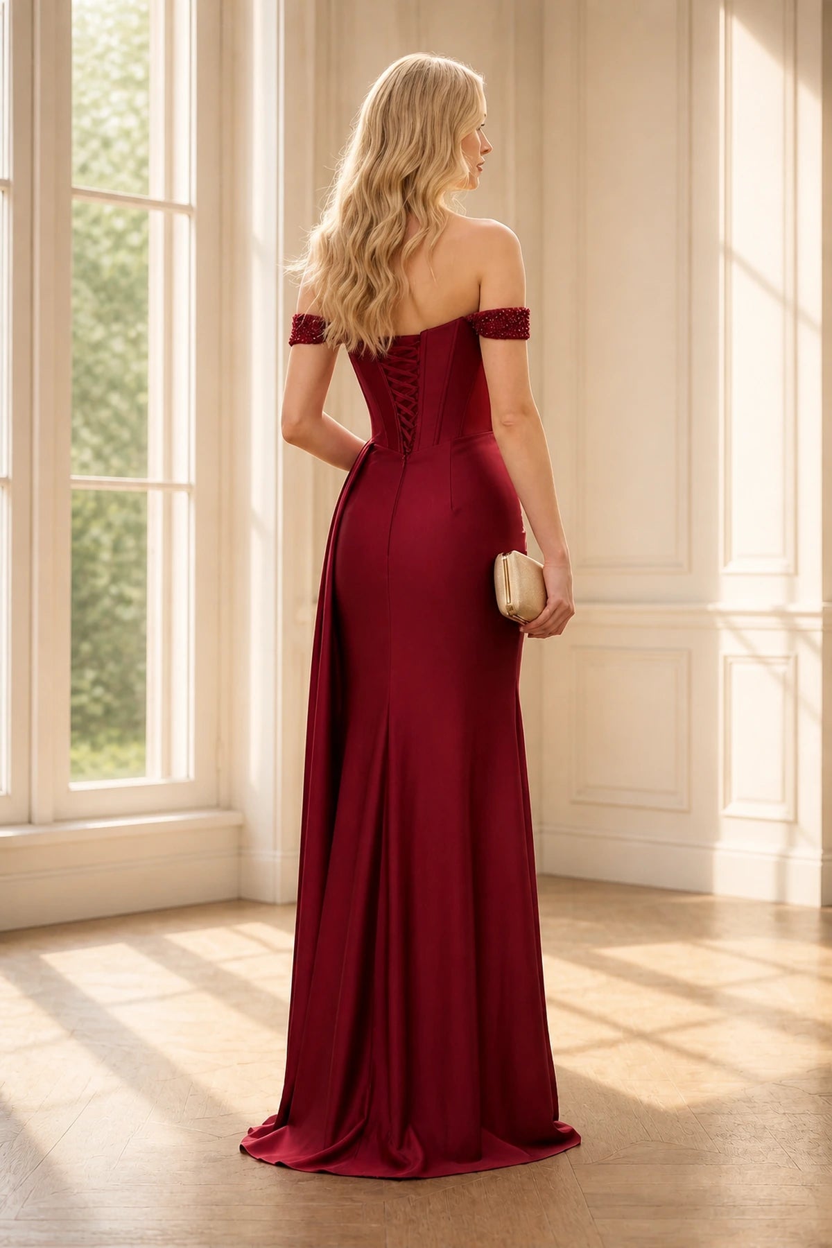 Back view of burgundy wedding guest dress with off-shoulder straps, lace-up corset back and floor-length mermaid silhouette