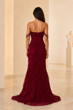 GraceProm burgundy ruffle prom dress with corset inspired back and flowing floor length skirt