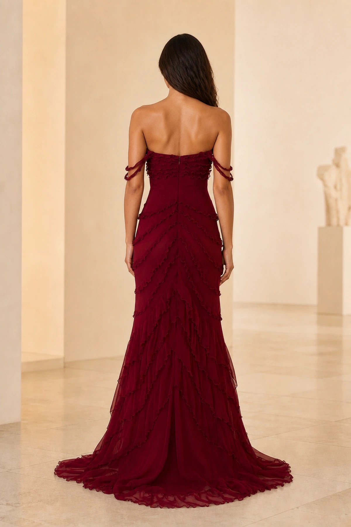GraceProm burgundy ruffle prom dress with corset inspired back and flowing floor length skirt
