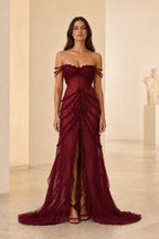 GraceProm burgundy off shoulder prom dress with layered ruffles high slit and floor length silhouette
