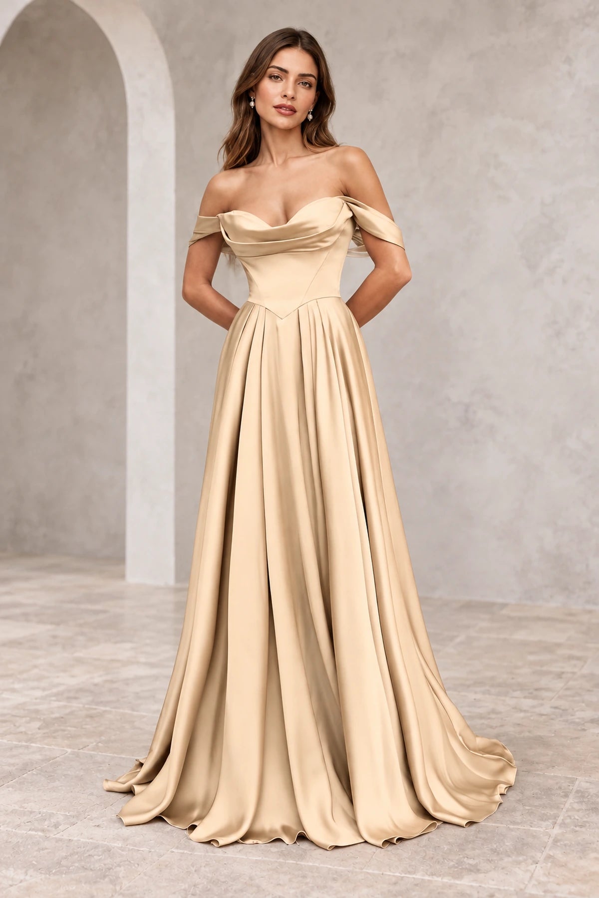 Elegant Satin A-Line Sweetheart Off-Shoulder Short-Sleeve Floor-Length Prom Dress