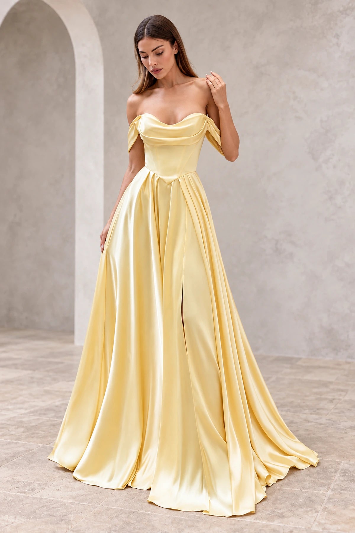 Elegant Satin A-Line Sweetheart Off-Shoulder Short-Sleeve Floor-Length Prom Dress