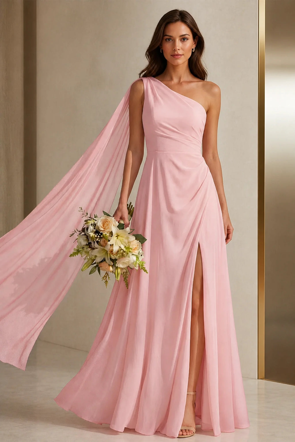 Striking A Line One Shoulder Cape Sleeve Full Back Long Prom Dress