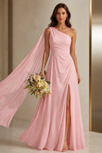 Striking A Line One Shoulder Cape Sleeve Full Back Long Prom Dress