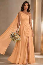 Striking A Line One Shoulder Cape Sleeve Full Back Long Prom Dress