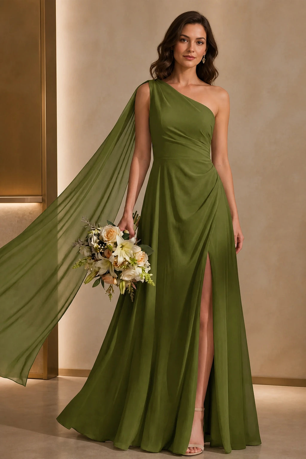 Striking A Line One Shoulder Cape Sleeve Full Back Long Prom Dress