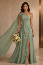Striking A Line One Shoulder Cape Sleeve Full Back Long Prom Dress