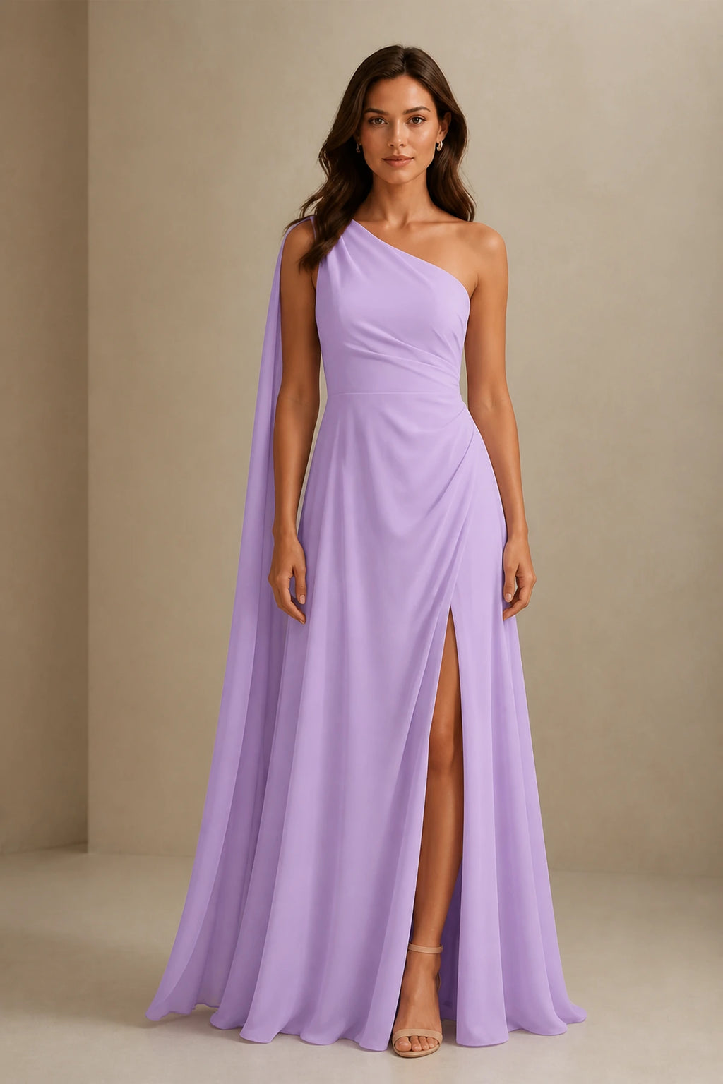 Striking A Line One Shoulder Cape Sleeve Full Back Long Prom Dress