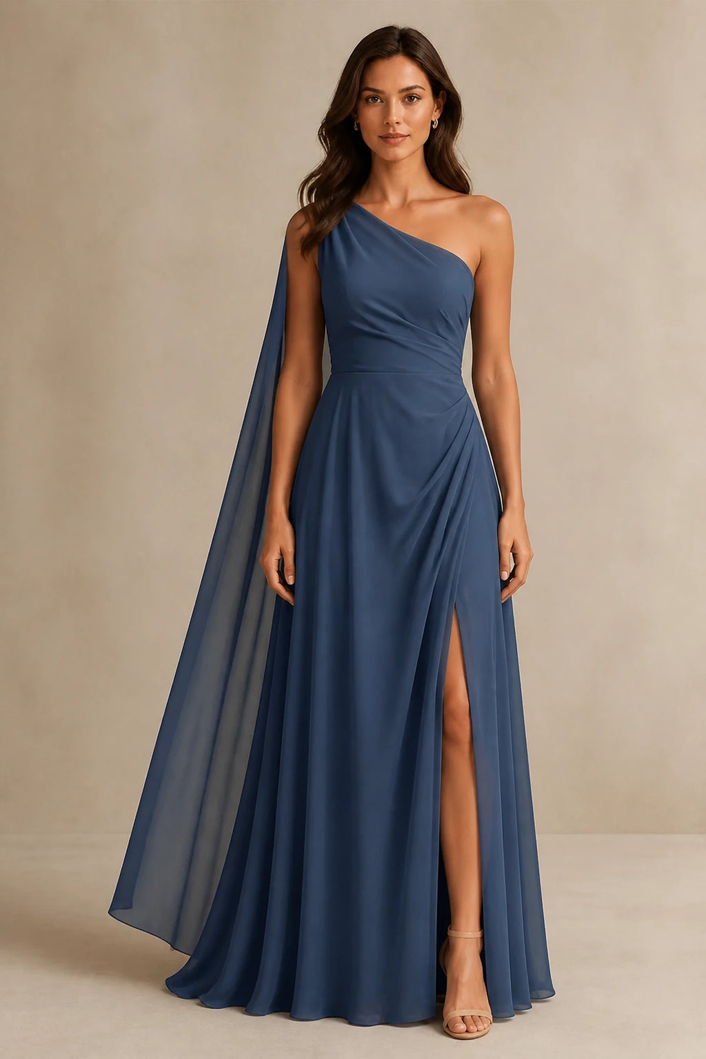 Striking A Line One Shoulder Cape Sleeve Full Back Long Prom Dress