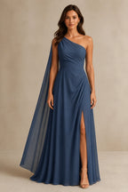 Striking A Line One Shoulder Cape Sleeve Full Back Long Prom Dress