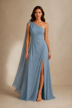 Striking A Line One Shoulder Cape Sleeve Full Back Long Prom Dress