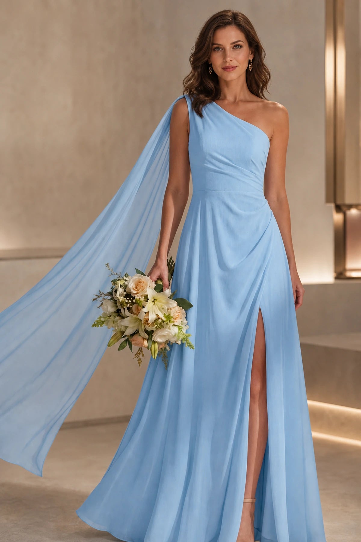 Striking A Line One Shoulder Cape Sleeve Full Back Long Prom Dress