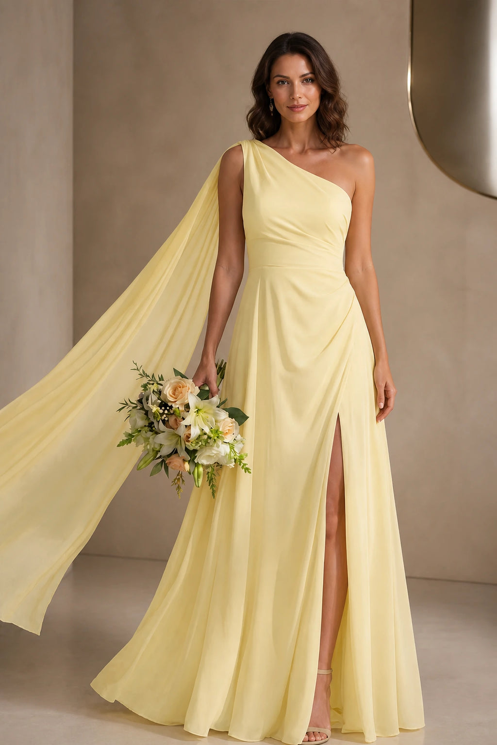 Striking A Line One Shoulder Cape Sleeve Full Back Long Prom Dress