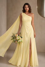 Striking A Line One Shoulder Cape Sleeve Full Back Long Prom Dress