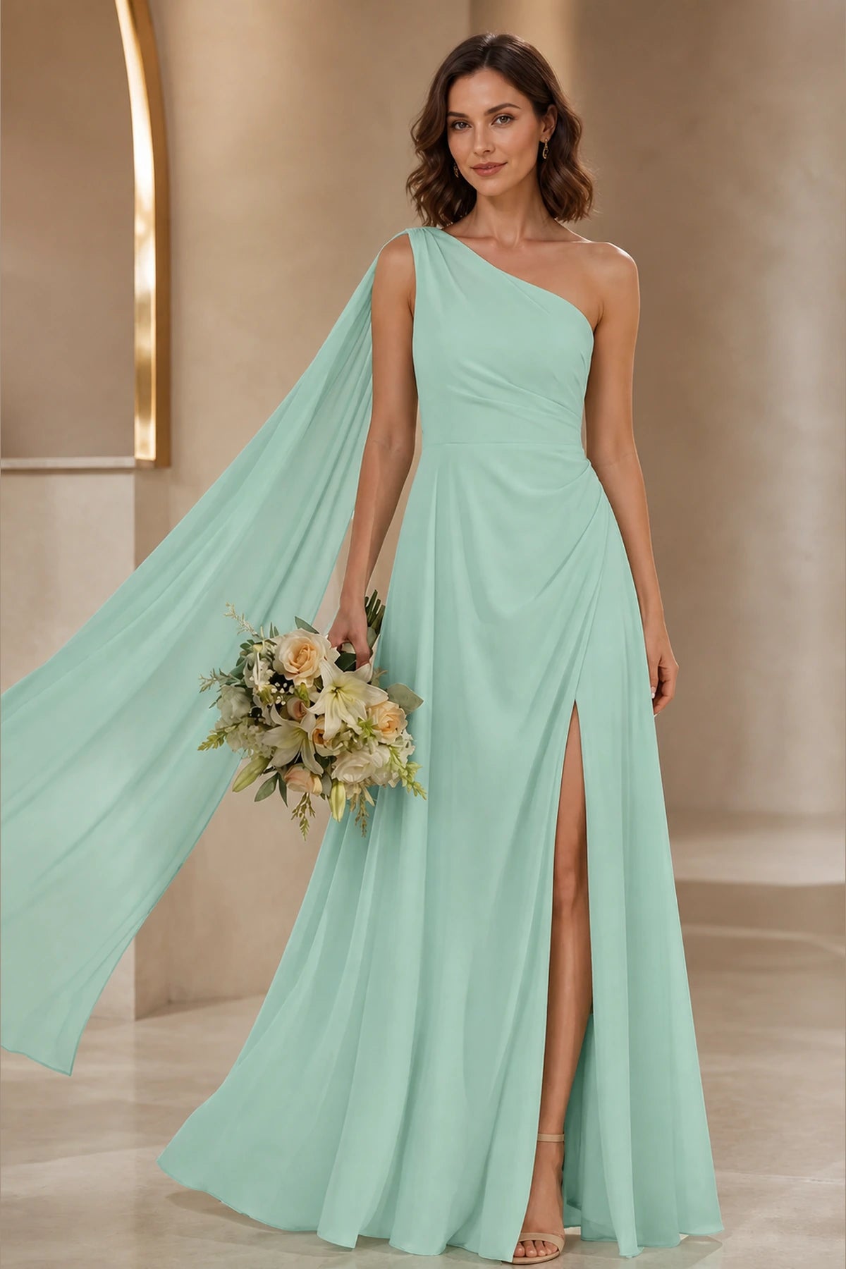 Striking A Line One Shoulder Cape Sleeve Full Back Long Prom Dress