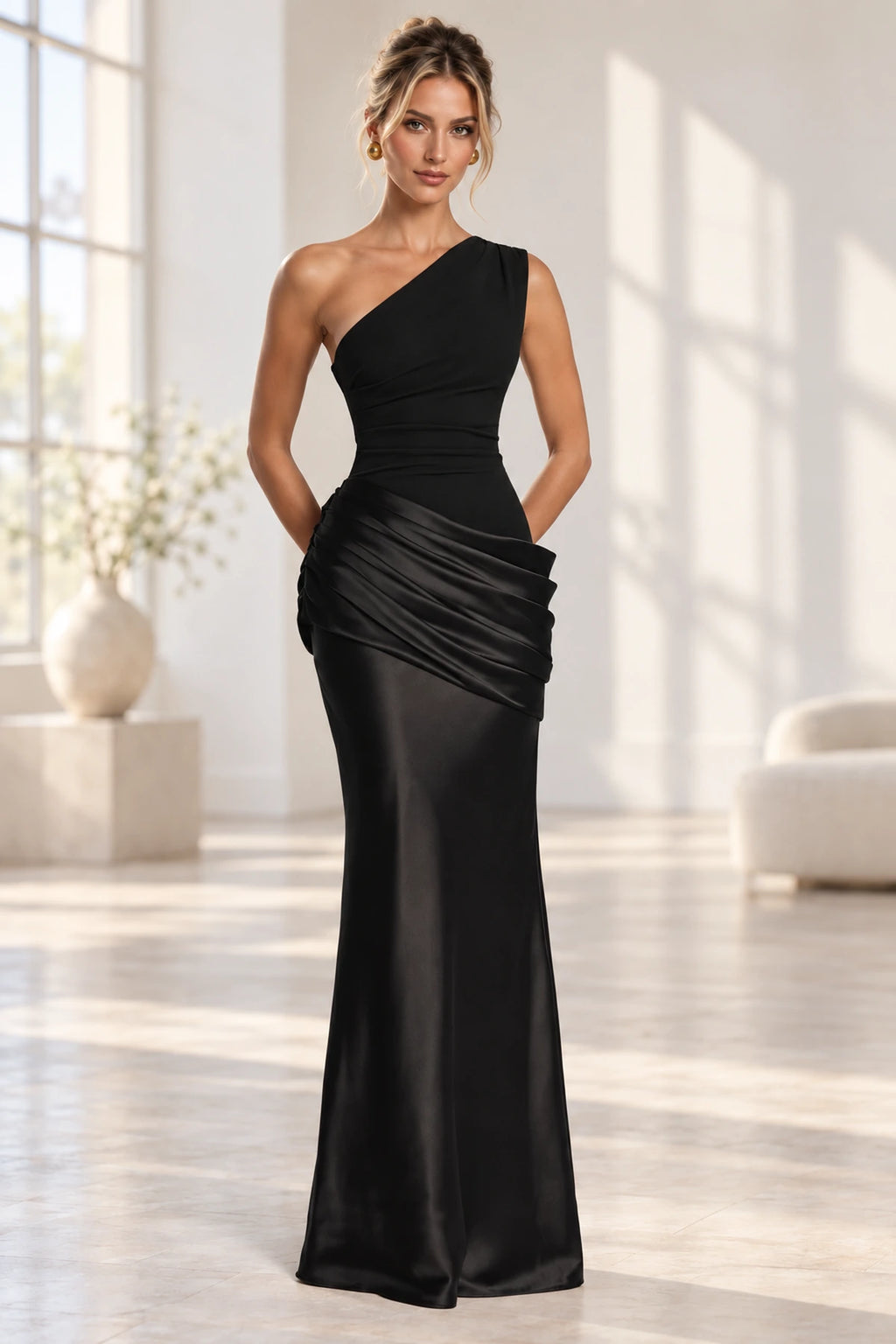 Elegant Mermaid One Shoulder Sleeveless Asymmetrical Back Long Bridesmaid Dress