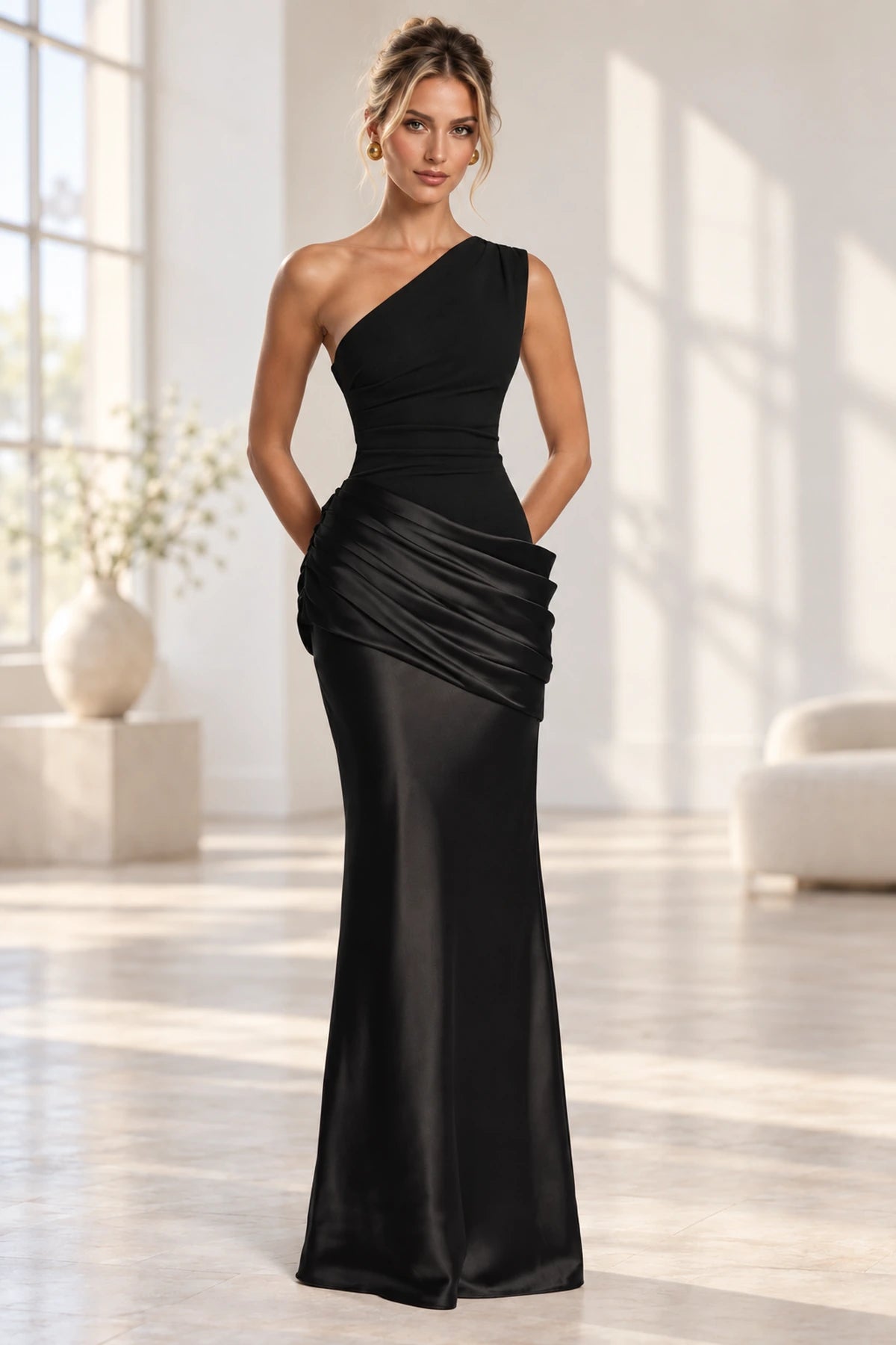 Elegant Mermaid One Shoulder Sleeveless Asymmetrical Back Long Bridesmaid Dress