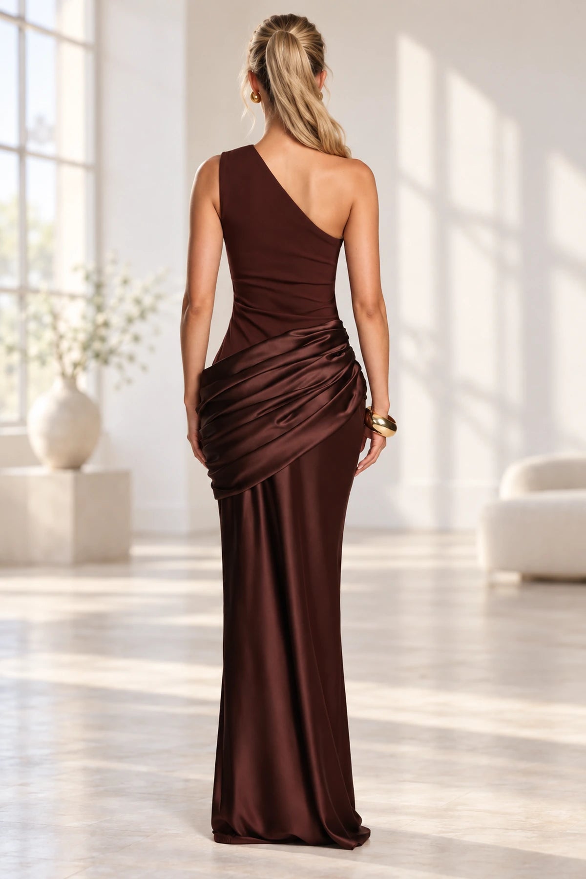 Elegant Mermaid One Shoulder Sleeveless Asymmetrical Back Long Bridesmaid Dress