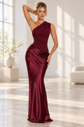Graceprom burgundy one shoulder mermaid bridesmaid dress front view