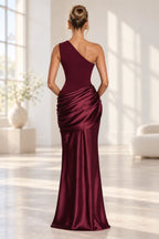 Graceprom burgundy asymmetrical back mermaid bridesmaid dress back view